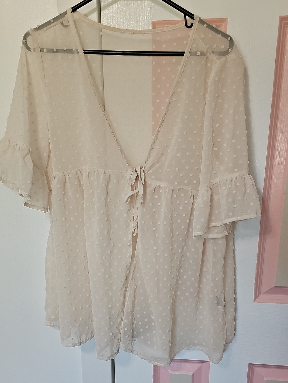 Shein-Soft Cream Swiss Dot Tie-Front Women’s Top Size Medium